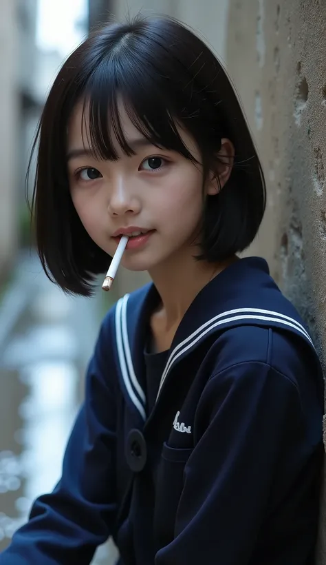 (8k), (best quality), (masterpiece:1.2), (realistic), RAW photo, (photorealistic:1.37), very detailed with bubbles, cute japanese girl, (young girl), No makeup, ((very beautiful short hair)) , holding a cigarette in your mouth, expressionless, Slim arms,...