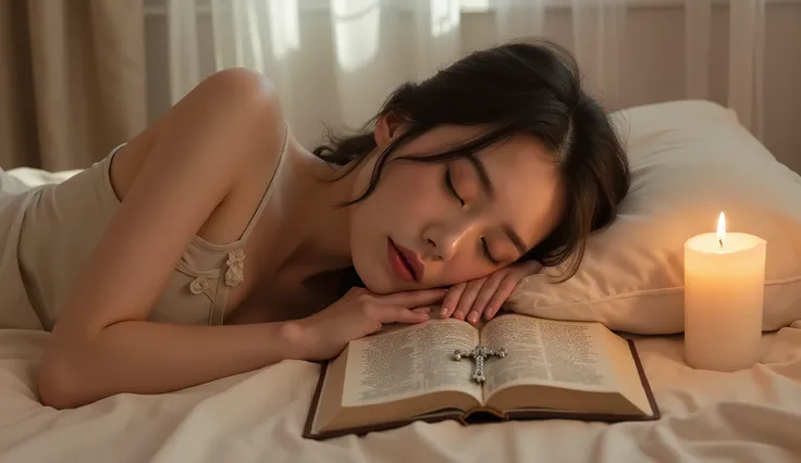 A peaceful young woman sleeping on a soft bed, hands resting gently near an open Holy Bible with a silver cross necklace placed on top. She wears a modest white nightgown, and her long hair flows naturally across the pillow. A warm candlelight glows softly...