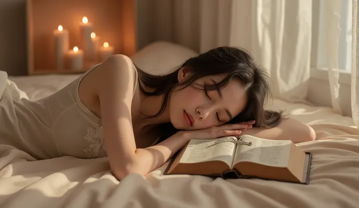 A peaceful young woman sleeping on a soft bed, hands resting gently near an open Holy Bible with a silver cross necklace placed on top. She wears a modest white nightgown, and her long hair flows naturally across the pillow. A warm candlelight glows softly...