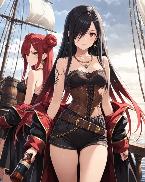 (masterpiece, best quality, ultra-detailed, high resolution, cinematic lighting), 2 girls, multiple girls, BREAK 1 girl , golden eyes , very long hair , long sidelocks, red hair , petite , very cute , beautiful ,Straight hair, cool, handsome, hair between ...