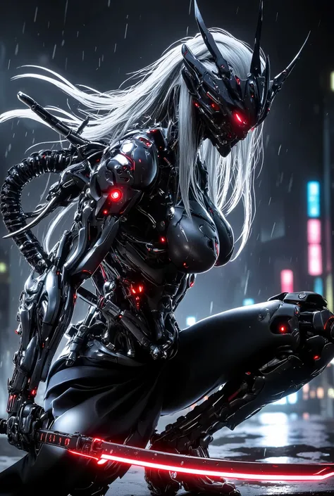 Create an image of a futuristic cybernetic female warrior with long, flowing white hair and glowing red eyes. Big breasts, slim waist, big butts, Beautiful face. The character is crouching on a rain-soaked rooftop in a neon-lit cityscape, holding a katana ...