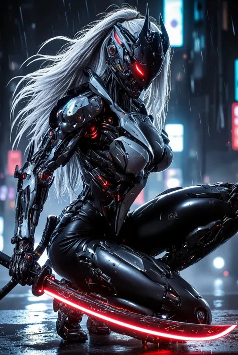 Create an image of a futuristic cybernetic female warrior with long, flowing white hair and glowing red eyes. Big breasts, slim waist, big butts, Beautiful face. The background is on a rain-soaked rooftop in a neon-lit cityscape, holding a katana with a gl...