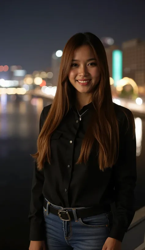 A beautiful indonesian female with long straight hairstyle,25 years old. indonesian face, highly detailed beautiful face and eyes, attractive face, charming face, Full body, curvy body, medium breasts, anatomically correct, long straight hair, brown hair. ...