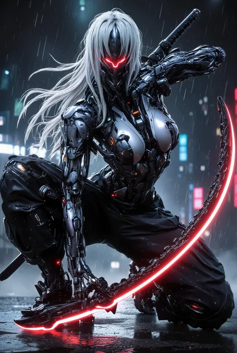 Create an image of a futuristic cybernetic female warrior with long, flowing white hair and glowing red eyes. Big breasts, slim waist, big butts, Beautiful face. The background is on a rain-soaked rooftop in a neon-lit cityscape, holding a katana with a gl...