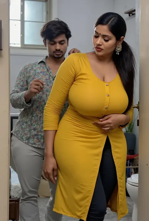hot skinny slim healthy south indian sanskari mom aunty body dark brown skin curvy milf with long messy tied hair, perfect breast, simple small black dot bindhi, broad shoulder, big hip, big ass, thick thighs, woman wearing long side slit cleavage yellow s...