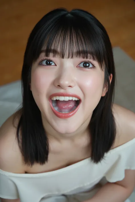 The image is a close-up portrait of a young Japanese woman with snow-like skin viewed from the above. Her hairstyle is glossy black hair with blunt bangs. She is wearing a off-shoulder top with a choker with a jewelry. She is kneeling on the floor at home....