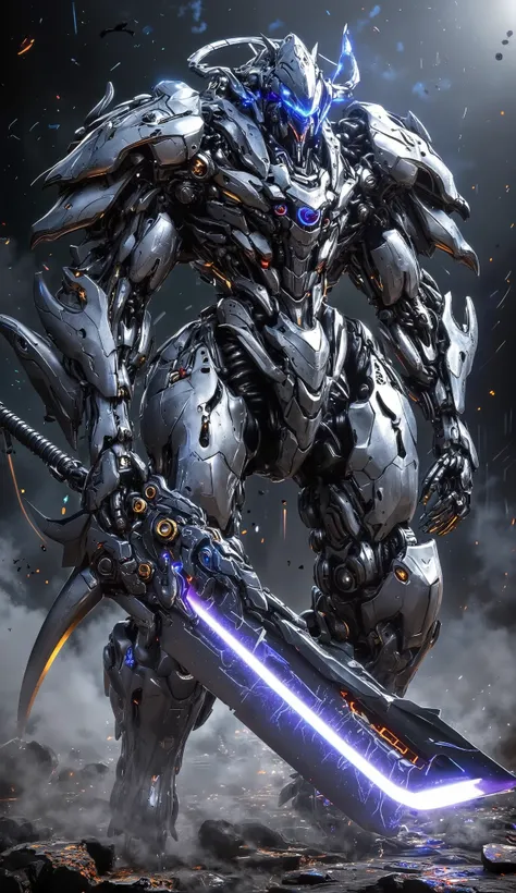 Create an image of a futuristic warrior in high-tech armor. The armor should be sleek and muscular, primarily silver with glowing blue accents. The warrior is holding a large, intricate sword that has a glowing energy blade. The background depicts a post-a...