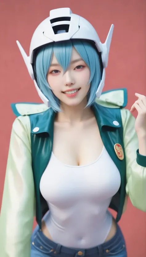 1 girl to improve Sa,solo,red background,Cowboy Shots,,Luan Yi 0812 ,White Bodysuit,skinny jeans,sci-fi novel,green jacket,open jacket,wet with Love Liquid,glteeth helmet,teeth, score_9,score_8_up,score_7_up,,8k,1 girl to improve Sa,solo,,