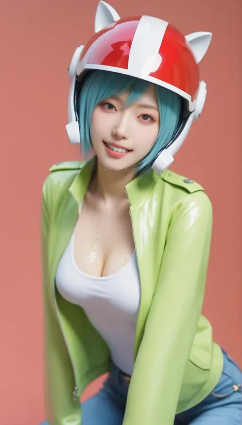 1 girl to improve Sa,solo,red background,Cowboy Shots,,Luan Yi 0812 ,White Bodysuit,skinny jeans,sci-fi novel,green jacket,open jacket,wet with Love Liquid,glteeth helmet,teeth, score_9,score_8_up,score_7_up,,8k,1 girl to improve Sa,solo,,