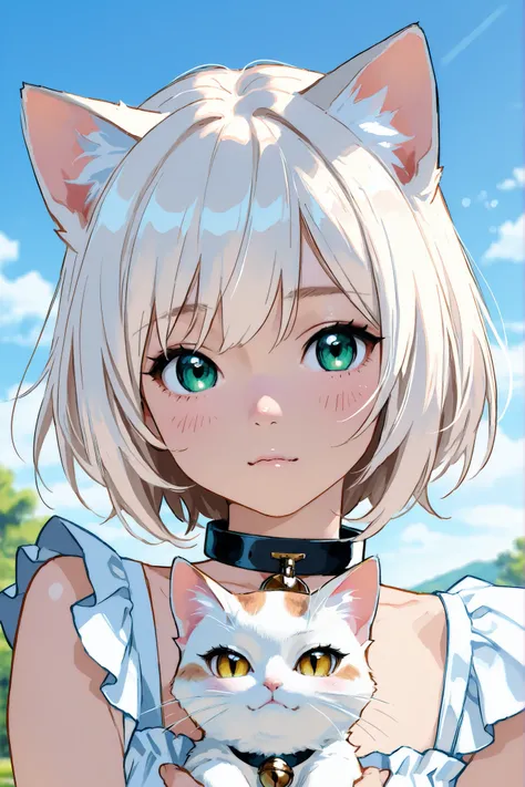 anime girl with cat ears and a collar holding a white cat, white cat girl, beautiful anime catgirl, digital anime art, very beautiful cute catgirl, anime style. detailed digital anime art, anime artstyle, digital anime illustration, very beautiful anime c...