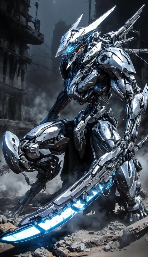 Create an image of a futuristic warrior in high-tech armor. The armor should be sleek and muscular, primarily silver with glowing blue accents. The warrior is holding a large, intricate sword that has a glowing energy blade. The background depicts a post-a...