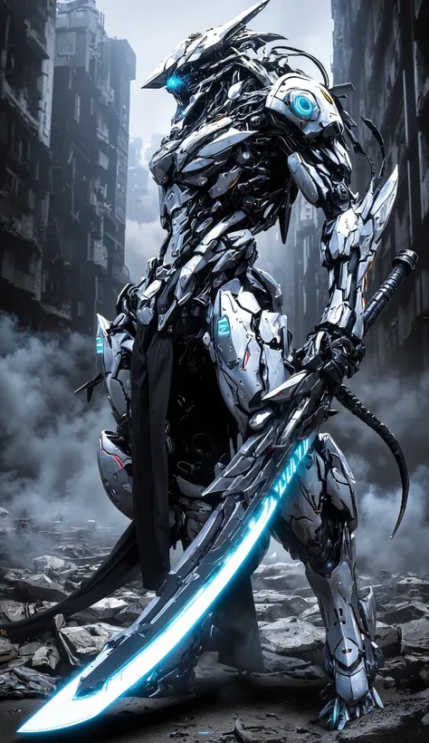 Create an image of a futuristic warrior in high-tech armor. The armor should be sleek and muscular, primarily silver with glowing blue accents. The warrior is holding a large, intricate sword that has a glowing energy blade. The background depicts a post-a...