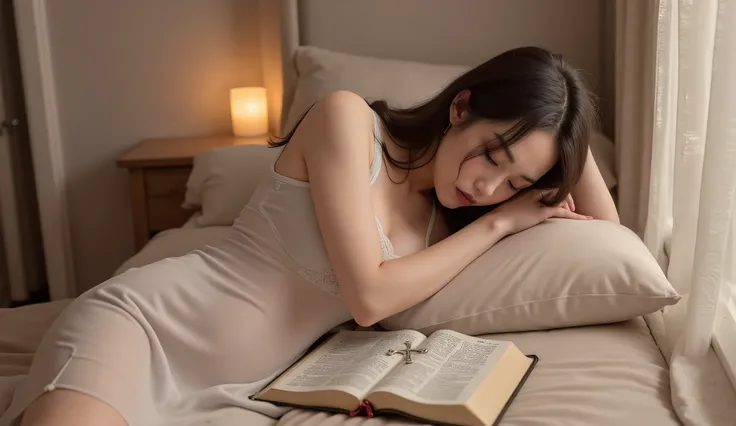 A peaceful young woman sleeping on a soft bed, hands resting gently near an open Holy Bible with a silver cross necklace placed on top. She wears a modest white nightgown, and her long hair flows naturally across the pillow. A warm candlelight glows softly...