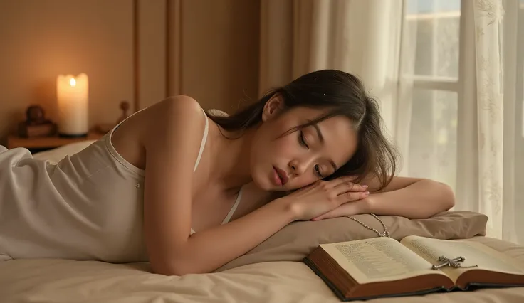 A peaceful young woman sleeping on a soft bed, hands resting gently near an open Holy Bible with a silver cross necklace placed on top. She wears a modest white nightgown, and her long hair flows naturally across the pillow. A warm candlelight glows softly...