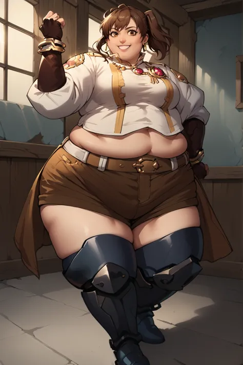 score_9, score_8_up, score_7_up, score_6_up, score_5_up, score_4_up , BREAK source_anime,anime screencap,anime_coloring,anime_lineart, smile, gloves, brown eyes, jewelry, earrings, shorts, thigh highs, boots, fingerless gloves, white shirt, smile, midriff,...