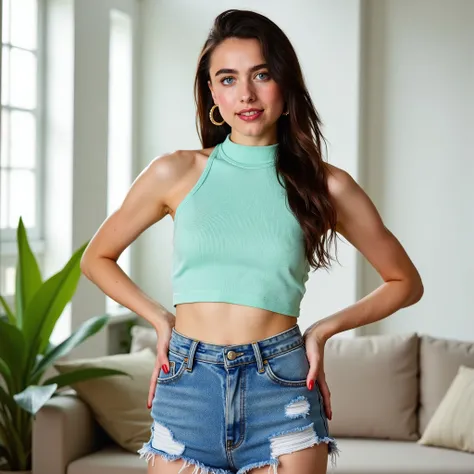 A full-body photograph, masterpiece, photorealistic, high-resolution (medium shot) photograph featuring a Caucasus girl with a fair complexion and a slender build, margqflx. She has a striking, symmetrical face with a high forehead, arched eyebrows, and fu...