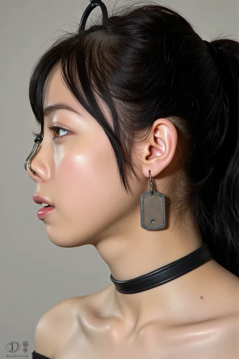 A high resolution photograph of a Japanese adult woman, masterpiece, photo-realistic, natural lighting, film grain, portrait, fashion shoot, solo, 1girl, off-shoulder dress, black hair with bangs, detailed face, detailed eyes, sophisticated nose, pale skin...