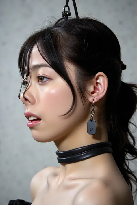 A high resolution photograph of a Japanese adult woman, masterpiece, photo-realistic, natural lighting, film grain, portrait, fashion shoot, solo, 1girl, off-shoulder dress, black hair with bangs, detailed face, detailed eyes, sophisticated nose, pale skin...