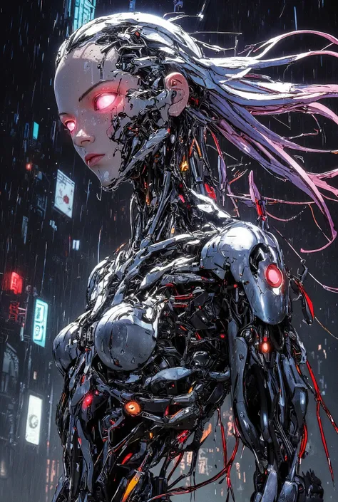 Create a futuristic scene featuring a striking female humanoid robot with a sleek, silver and black design. The robot has long, flowing hair that contrasts with its metallic body and glowing pink eyes, exuding an aura of advanced technology. The background...