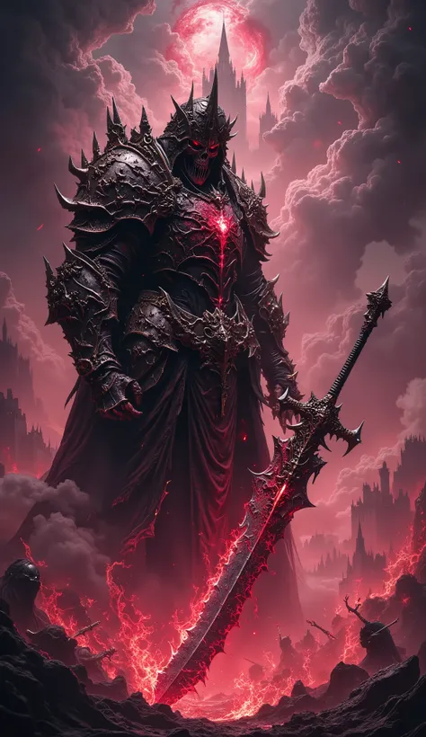 (best quality, 128k,highres,masterpiece:1.2),ultra-detailed,(realistic,photorealistic,photo-realistic:1.37), ((masterpiece)) ((photography)) ((Highest quality)) A dark fantasy warrior known as "Skullborne", with a skeletal face under a shattered hood, hold...