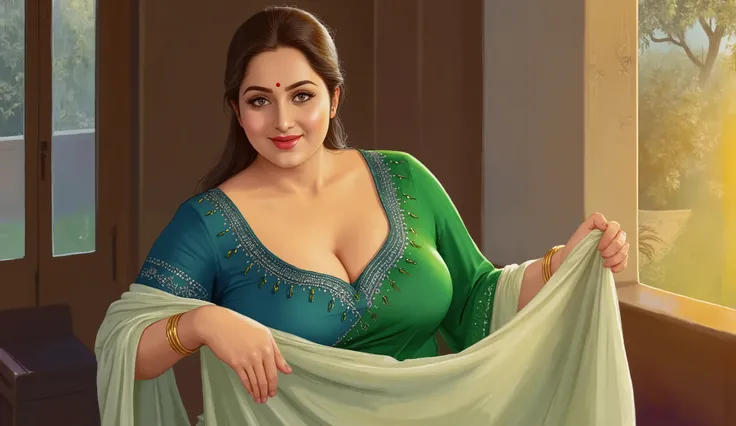 (Centered composition, cinematic lighting, detailed background) — A high-resolution, ultra-detailed painting in the style of renowned Indian artist Manimala. The scene shows a graceful, curvaceous Indian woman around 45 years old, looking at the viewer. Sh...