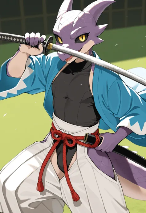 soft shading, 4k, hi res, detailed face, detailed, best quality, masterpiece, detailed anatomy, detailed eyes, perfect shading, by K0BIT0WANI, by Kiyosan, solo male, Kobold, black sclera, yellow eyes, tail, femboy body, purple scales, blue haori, black leo...