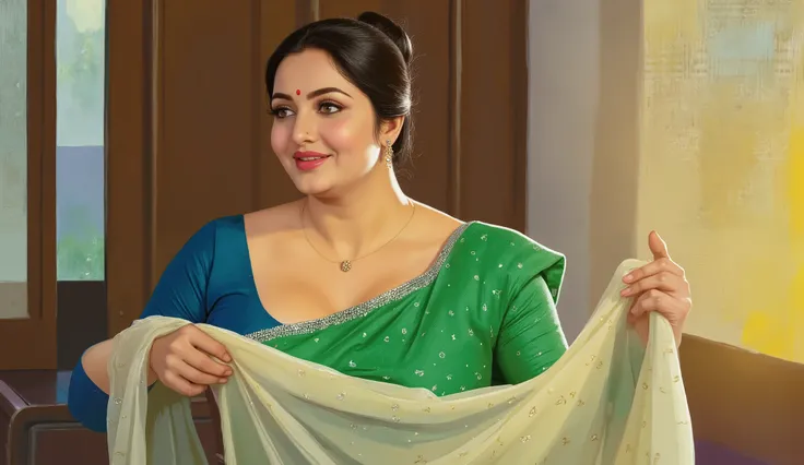 (Centered composition, cinematic lighting, detailed background) — A high-resolution, ultra-detailed painting in the style of renowned Indian artist Manimala. The scene shows a graceful, curvaceous Indian woman around 45 years old, looking at the viewer. Sh...