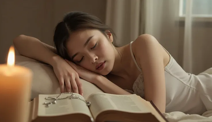 A peaceful young woman sleeping on a soft bed, hands resting gently near an open Holy Bible with a silver cross necklace placed on top. She wears a modest white nightgown, and her long hair flows naturally across the pillow. A warm candlelight glows softly...