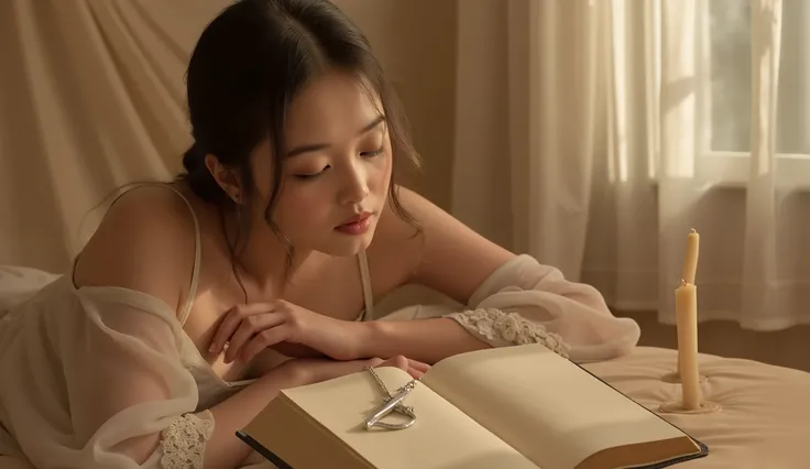 A peaceful young woman sleeping on a soft bed, hands resting gently near an open Holy Bible with a silver cross necklace placed on top. She wears a modest white nightgown, and her long hair flows naturally across the pillow. A warm candlelight glows softly...