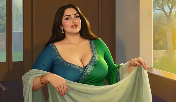(Centered composition, cinematic lighting, detailed background) — A high-resolution, ultra-detailed painting in the style of renowned Indian artist Manimala. The scene shows a graceful, curvaceous Indian woman around 45 years old, looking at the viewer. Sh...