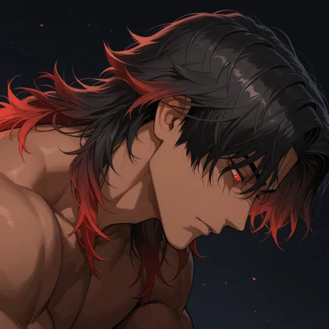 1 man, very handsome face, tall, medium length hair, middle part hair, wolfcut hair, messy wavy hair, black hair, one line of red hair, glowing red eyes, cold eyes, brown skin, thick neck, muscular neck, full face, face close up, side view, looking down, l...