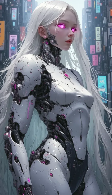 Create a futuristic scene featuring a striking female humanoid robot with a sleek, silver and black design. The robot has long, flowing hair that contrasts with its metallic body and glowing pink eyes, exuding an aura of advanced technology. The background...