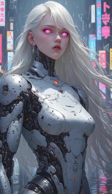 Create a futuristic scene featuring a striking female humanoid robot with a sleek, silver and black design. The robot has long, flowing hair that contrasts with its metallic body and glowing pink eyes, exuding an aura of advanced technology. The background...