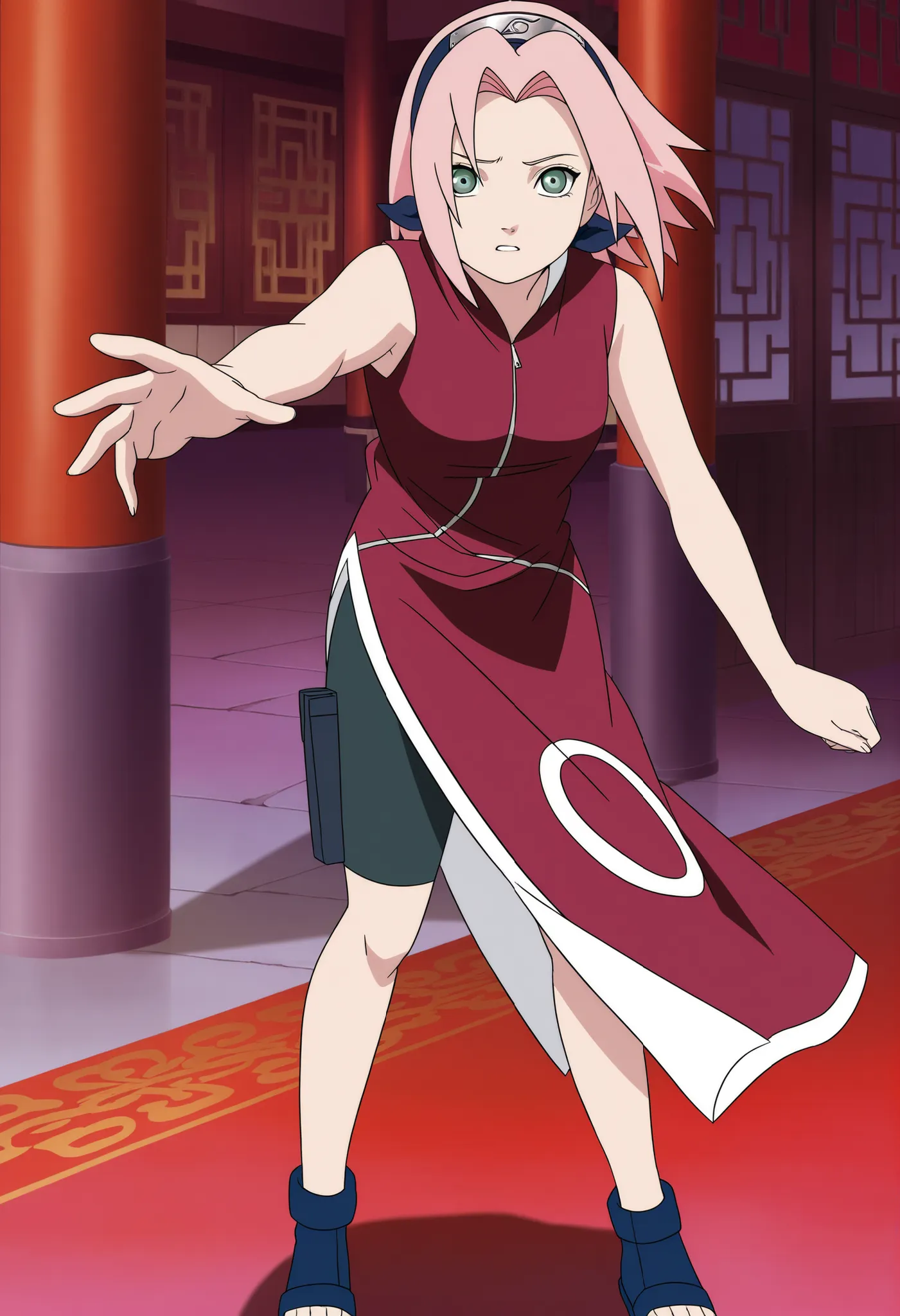score_9,score_8_up,score_7_up,source anime,anime screencap,anime coloring,masterpiece,best quality,Sakura haruno, 1girl, solo, pink hair, short hair, green eyes,,"Red sleeveless Chinese qipao with white trim and symbol, black shorts, black open-toe ninja s...