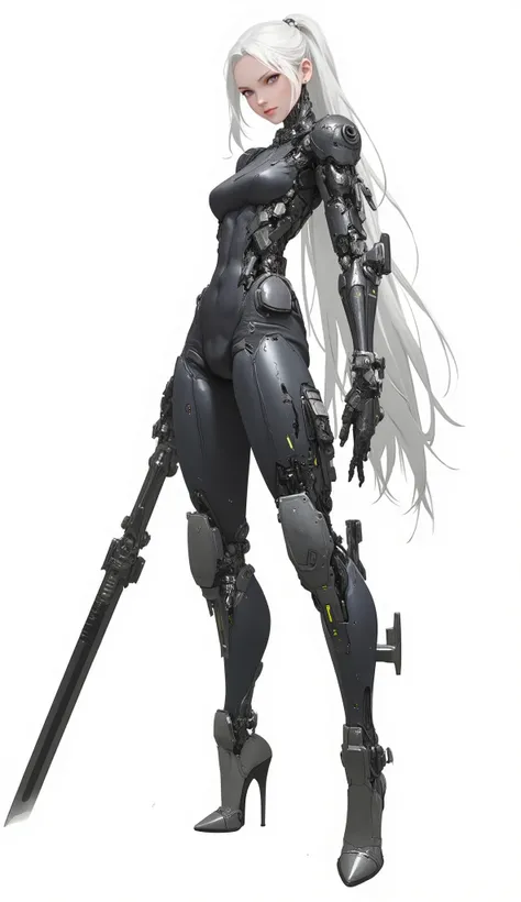 AI woman with black mechanical electronic body and dark gray metal parts, top, very tall, with thick thighs, wide hips, long legs, high heels and a slim waist. Bright crimson eyes, long flowing white hair tied in a high ponytail. Seductive, looking straigh...