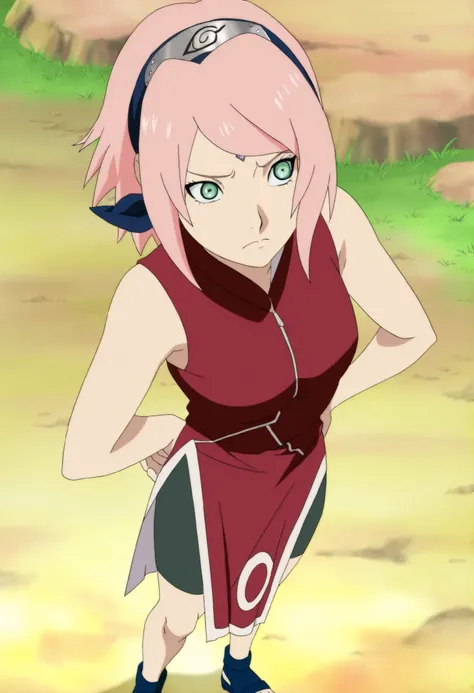 source anime,anime screencap,anime coloring,masterpiece,best quality,Sakura haruno, 1girl, solo, pink hair, short hair, green eyes,,"Red sleeveless Chinese qipao with white trim and symbol, black shorts, black open-toe ninja sandals.", standing,,masterpiec...