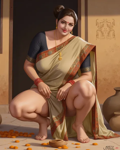 (Centered composition, cinematic lighting, detailed background, upper body shot) — A high-resolution, ultra-detailed painting in the style of renowned Indian artist Manimala. The scene shows a graceful, curvaceous woman around 45 years old, looking at the ...