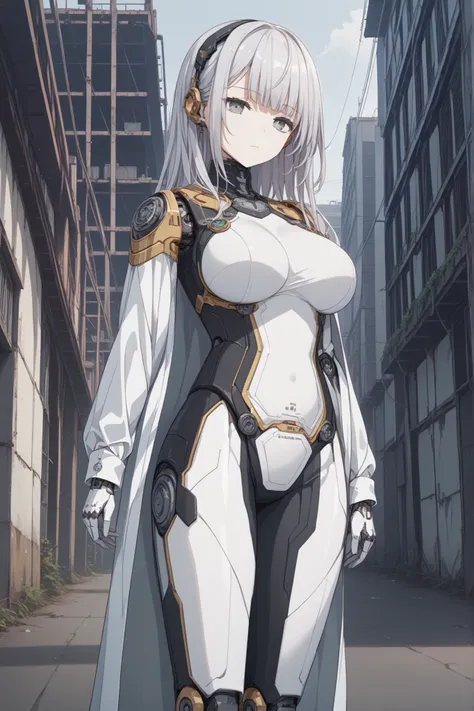 The Empty Silver Eye、long silver hair、bodysuits、black raincoat、(android、 robot joints 、expressionless) 、((Extremely Big Breasts))、anime style、HD、High Quality、abandoned city