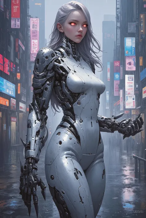 Create a futuristic setting with a female humanoid robot featuring a sleek, silver and black design. The robot has long, flowing hair that contrasts with its metallic body and glowing red eyes, exuding an aura of advanced technology. The large mechanical h...