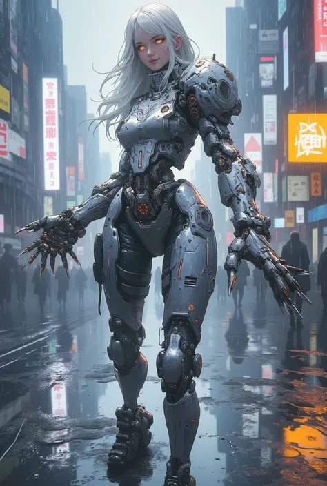 Create a futuristic setting with a female humanoid robot featuring a sleek, silver and black design. The robot has long, flowing hair that contrasts with its metallic body and glowing red eyes, exuding an aura of advanced technology. The large mechanical h...