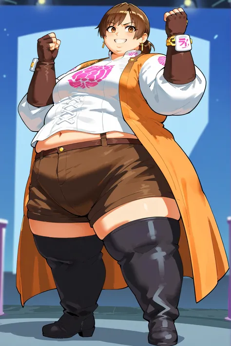 score_9, score_8_up, score_7_up, score_6_up, score_5_up, score_4_up , BREAK source_anime,anime screencap,anime_coloring,anime_lineart, smile, gloves, brown eyes, jewelry, earrings, shorts, thigh highs, boots, fingerless gloves, white shirt, smile, midriff,...