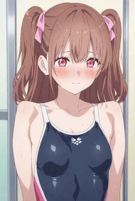 She has small breasts and is shy in a swimsuit