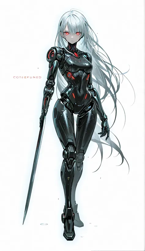 Create a futuristic setting with a female humanoid robot featuring a sleek, silver and black design. The robot has long, flowing hair that contrasts with its metallic body and glowing red eyes, exuding an aura of advanced technology. The large mechanical a...