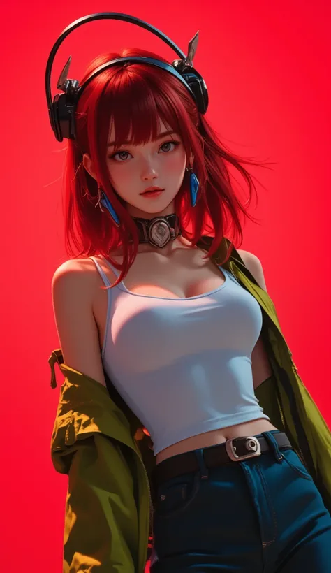 1 girl to improve Sa,solo,red background,Cowboy Shots, ,((Evangelion, Asuka Langley)),White Bodysuit,skinny jeans,sci-fi novel,green jacket,open jacket,wet with Love Liquid,glteeth helmet,teeth, score_9,score_8_up,score_7_up,,8k,1 girl to improve Sa,solo,