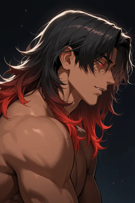 1 man, very handsome face, tall, medium length hair, middle part hair, wolfcut hair, messy wavy hair, black hair, one line of red hair, glowing red eyes, cold eyes, brown skin, thick neck, muscular neck, full face, side view, looking down, leaning down, mo...