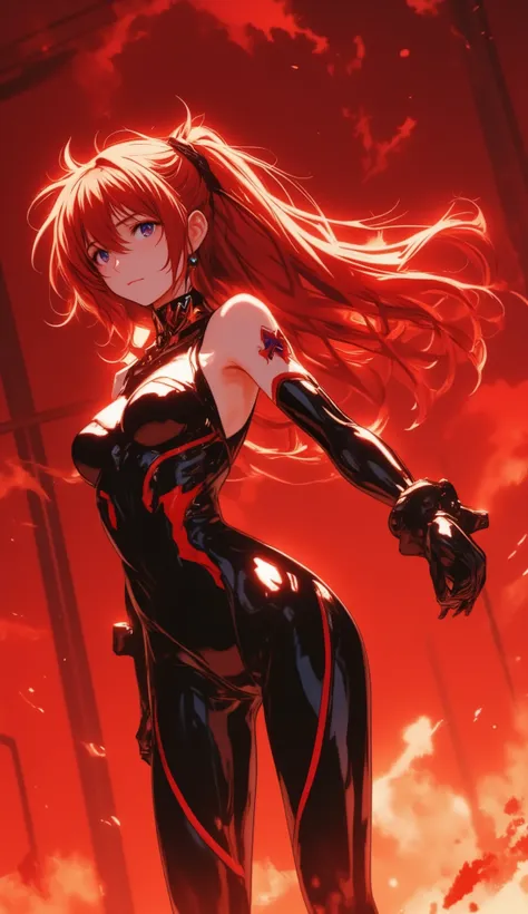 ((Evangelion, Asuka Langley)),1 girl,solo,red background,Cowboy Shots, ,,, score_9,score_8_up,score_7_up,,8k,1 girl to improve Sa,solo,