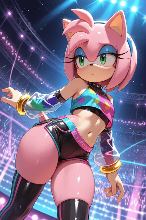 best quality, masterpiece, amazing quality, very aesthetic, absurdres, (1girl, Amy_Rose, pink hedgehog), solo, furry, young, cute, thick_thighs, colorful_outfit, thigh_highs, crop_top, makeup, techno, rave, music_festival, highly_detailed, stylish, Dutch a...