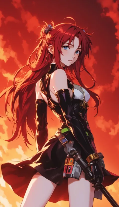 ((Evangelion, Asuka Langley)),1 girl,solo,red background,Cowboy Shots, ,,, score_9,score_8_up,score_7_up,,8k,1 girl to improve Sa,solo,