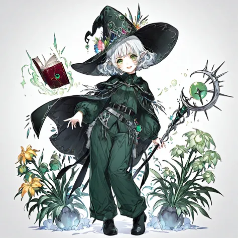 Solo,￼￼ elf, female, silver hair, short hair, medium cut, curly hair, green eyes,slender, flower shop penta witch's pointed hat, flower penta wizard costume, pants, fair skin, annoyance, raise right hand, belt, waste set red book, cool emotion, cool mild s...