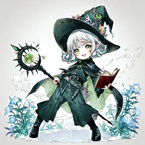 Solo,￼￼ elf, female, silver hair, short hair, medium cut, curly hair, green eyes,slender, flower shop penta witch's pointed hat, flower penta wizard costume, pants, fair skin, annoyance, raise right hand, belt, waste set red book, cool emotion, cool mild s...